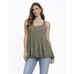 Free People Intimately Olive Green Polka Dot Lace Trim Babydoll Tank Tunic XS